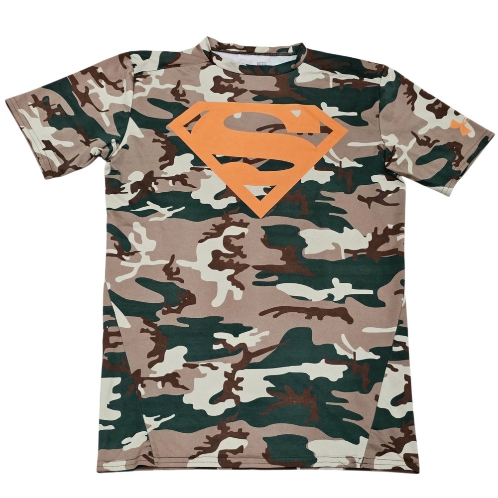 Under Armour Superman Compression Shirt Mens L Camo Orange Logo DC Comics UA